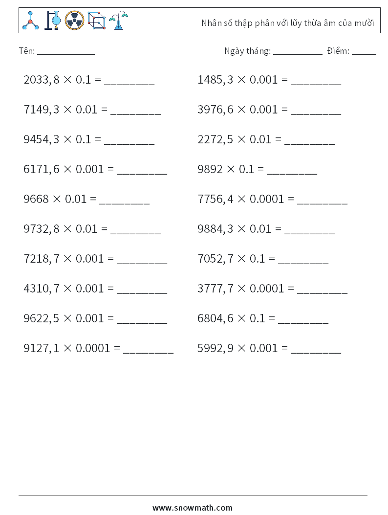 Nhân số thập phân với lũy thừa âm của mười Bảng tính toán học 16