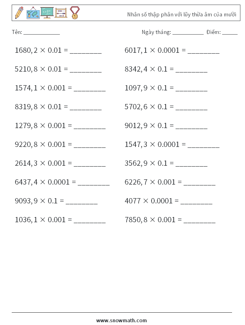 Nhân số thập phân với lũy thừa âm của mười Bảng tính toán học 17