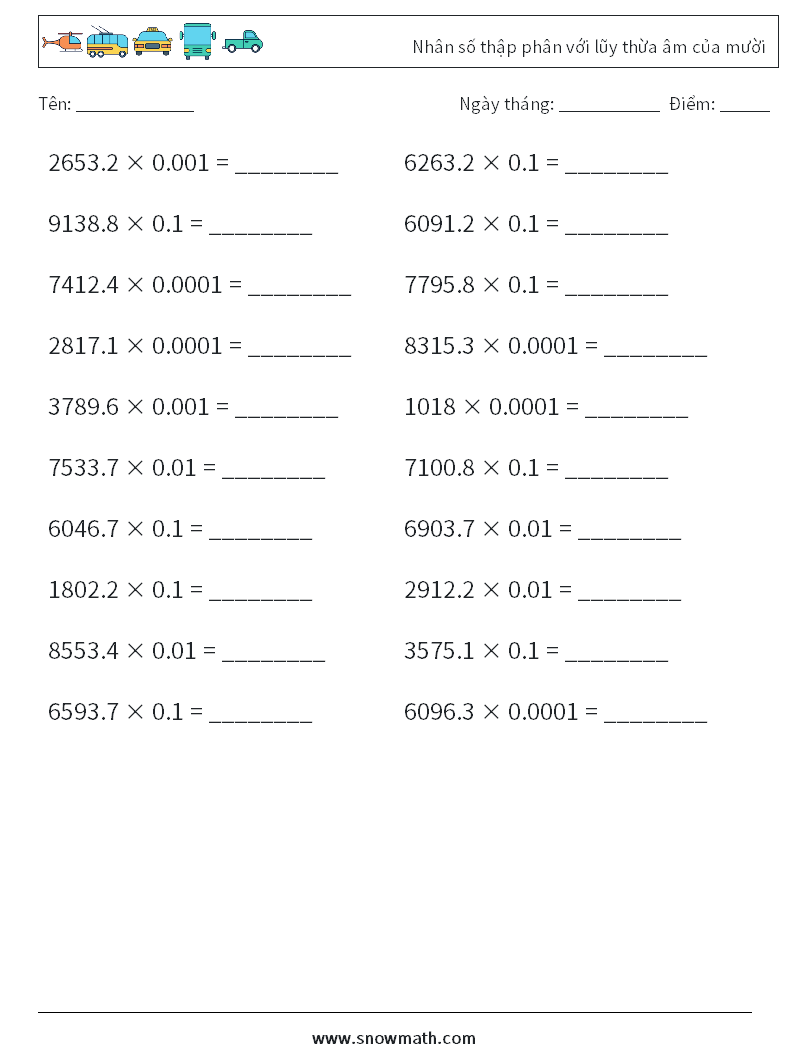Nhân số thập phân với lũy thừa âm của mười Bảng tính toán học 2