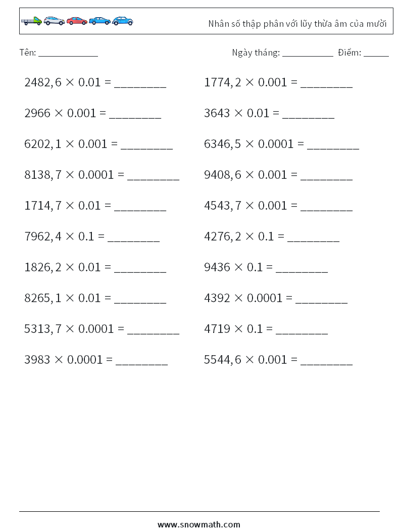 Nhân số thập phân với lũy thừa âm của mười Bảng tính toán học 3