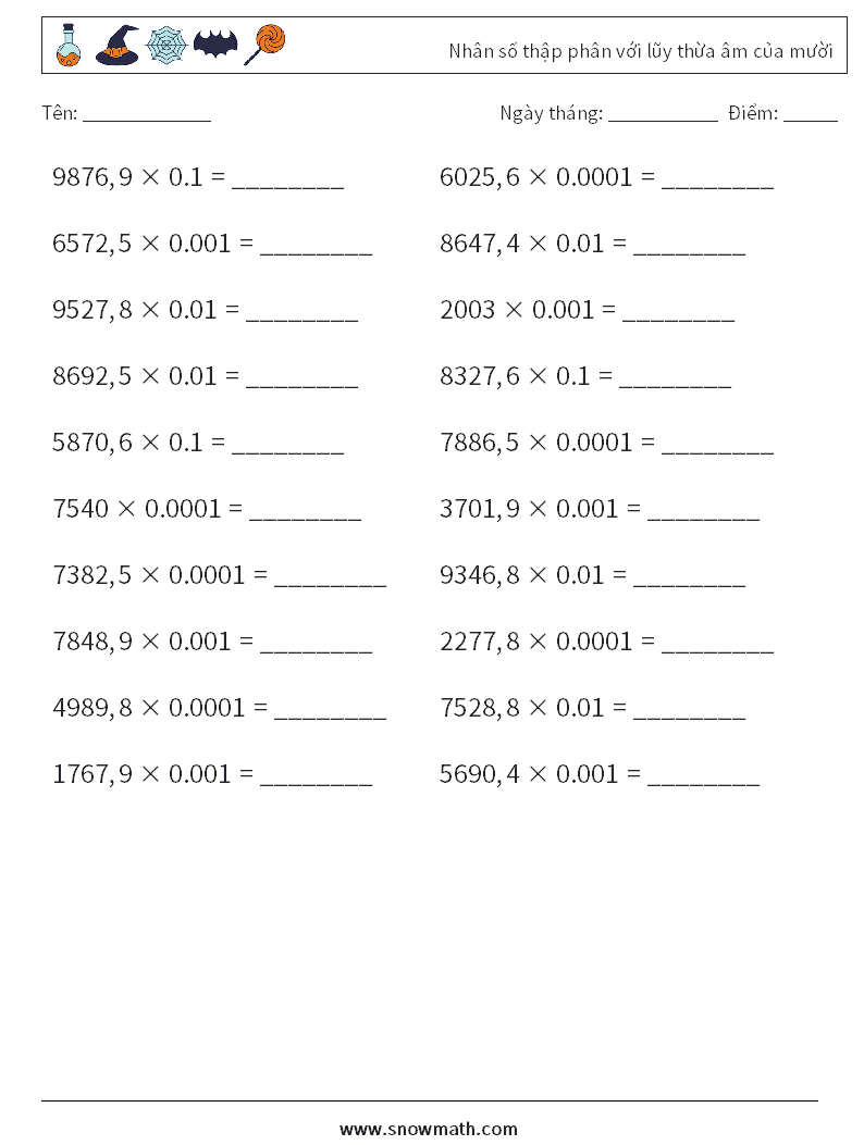 Nhân số thập phân với lũy thừa âm của mười Bảng tính toán học 4