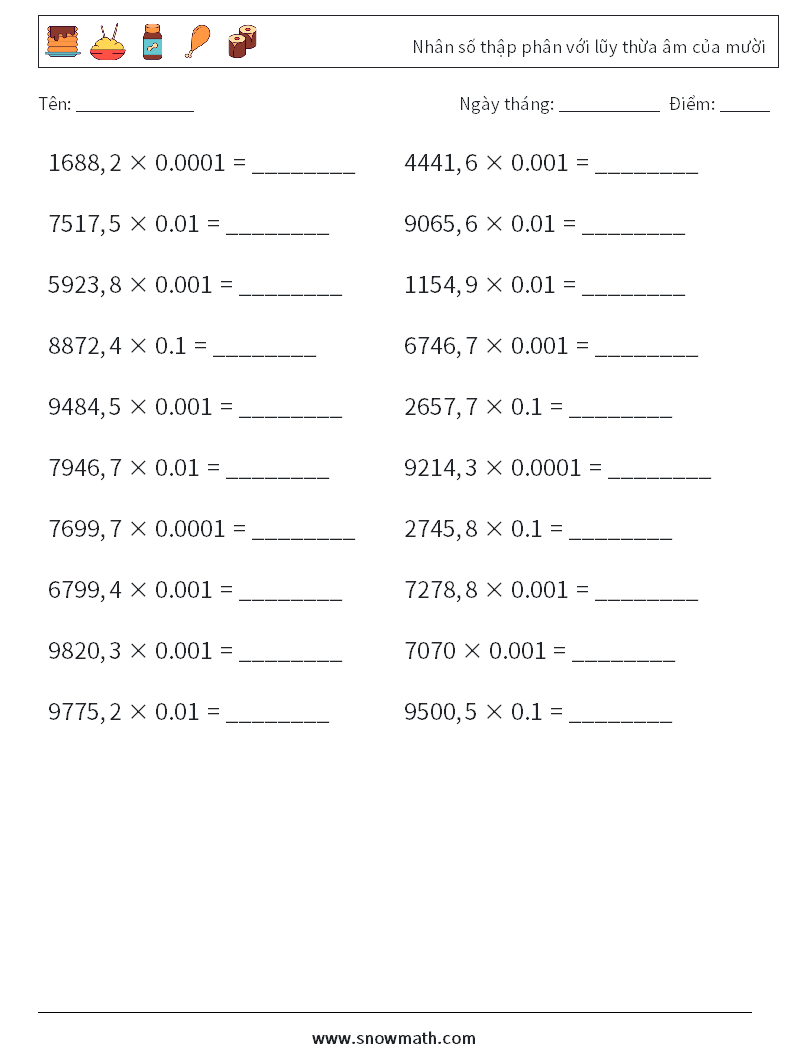 Nhân số thập phân với lũy thừa âm của mười Bảng tính toán học 6