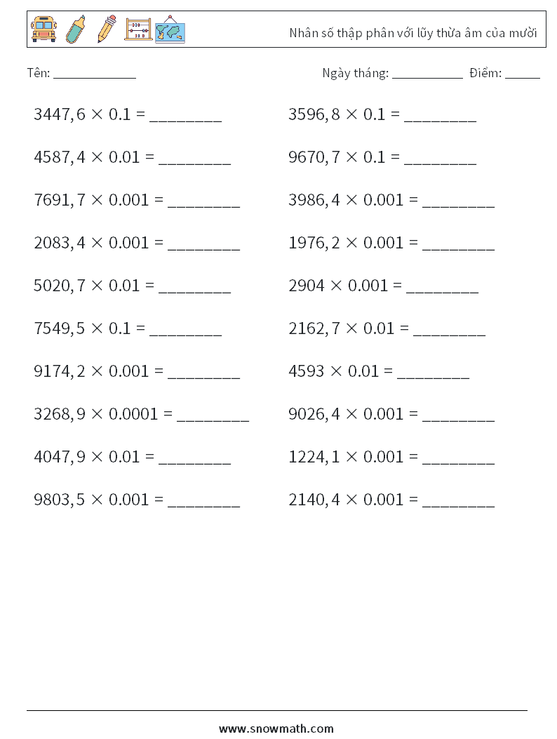 Nhân số thập phân với lũy thừa âm của mười Bảng tính toán học 7