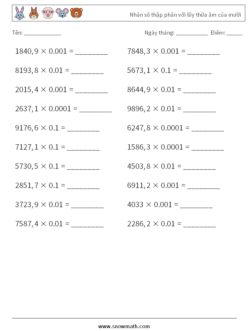 Nhân số thập phân với lũy thừa âm của mười Bảng tính toán học 8