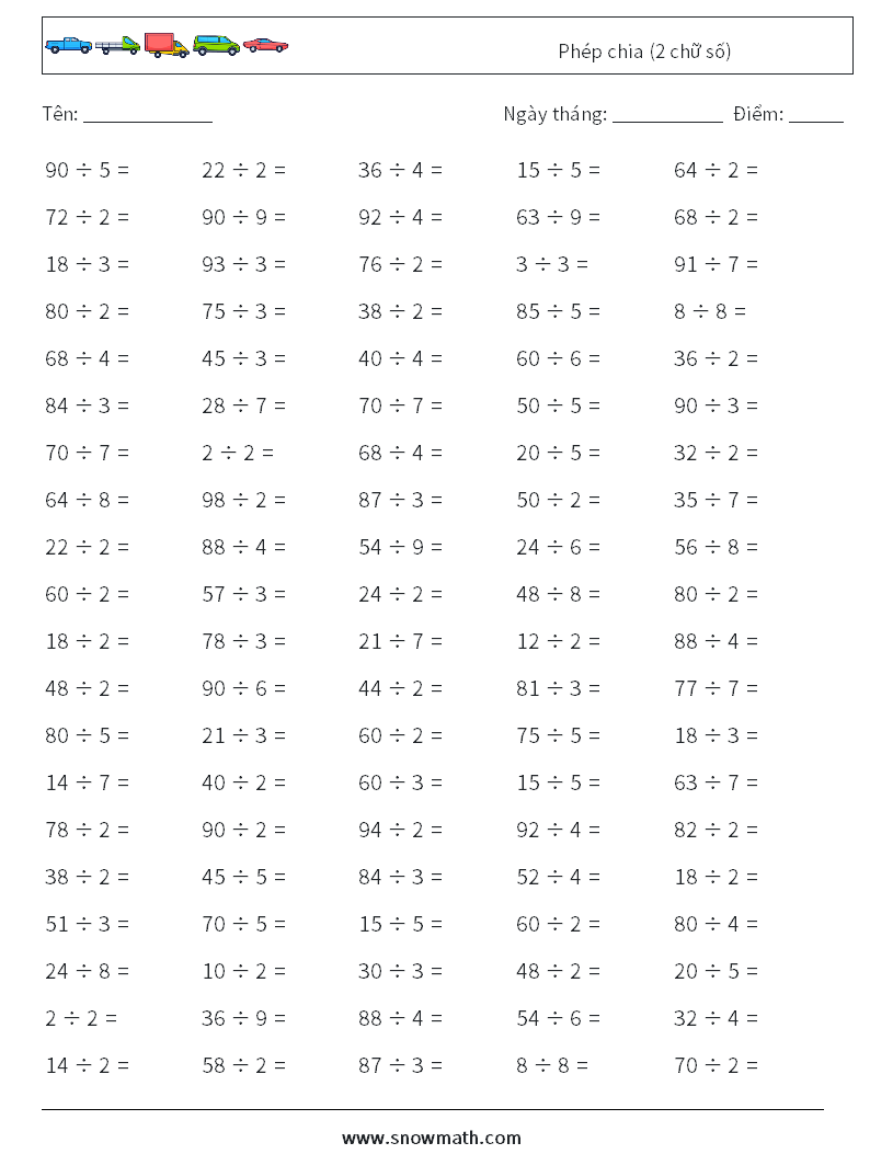 (100) Phép chia (2 chữ số) Bảng tính toán học 2