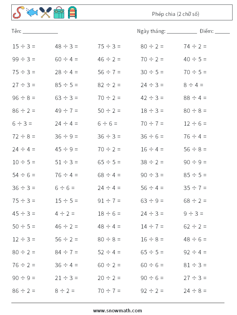 (100) Phép chia (2 chữ số) Bảng tính toán học 4