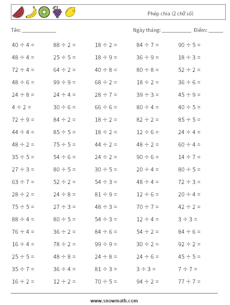 (100) Phép chia (2 chữ số) Bảng tính toán học 5