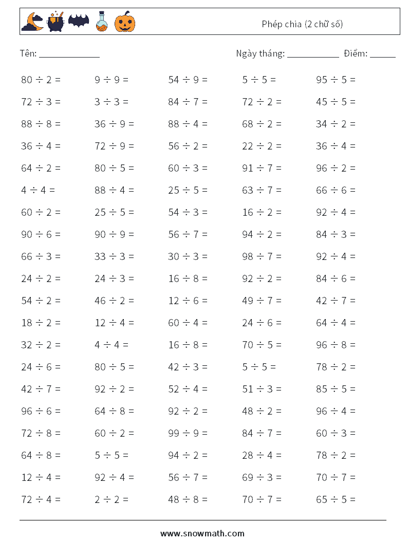 (100) Phép chia (2 chữ số) Bảng tính toán học 8