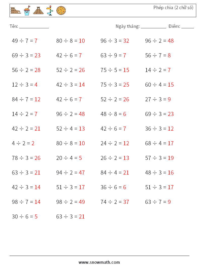 (50) Phép chia (2 chữ số) Bảng tính toán học 1 Câu hỏi, câu trả lời