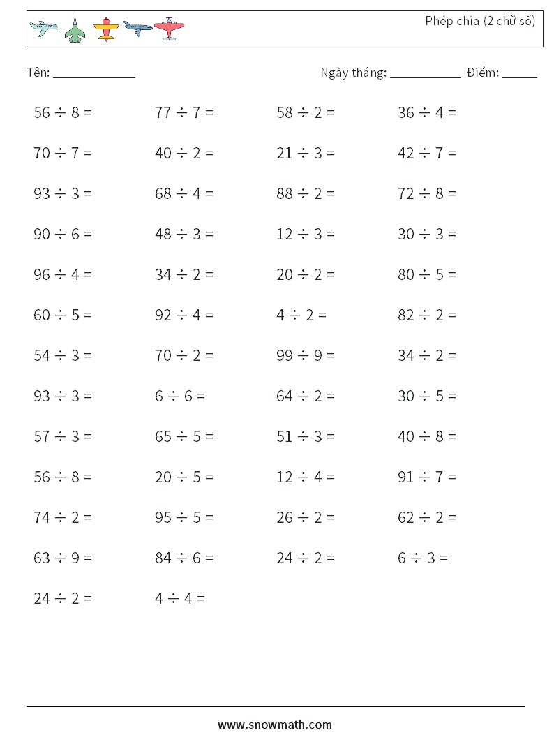 (50) Phép chia (2 chữ số) Bảng tính toán học 2