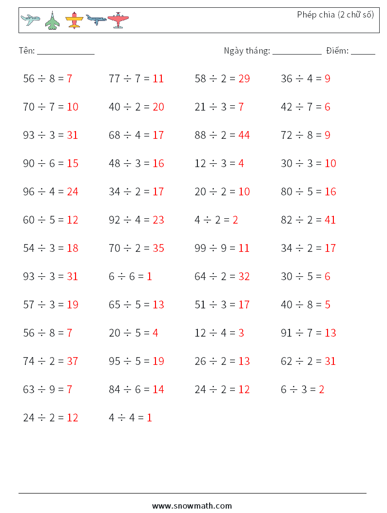 (50) Phép chia (2 chữ số) Bảng tính toán học 2 Câu hỏi, câu trả lời