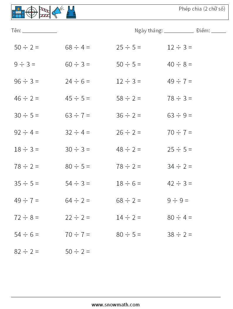 (50) Phép chia (2 chữ số) Bảng tính toán học 3