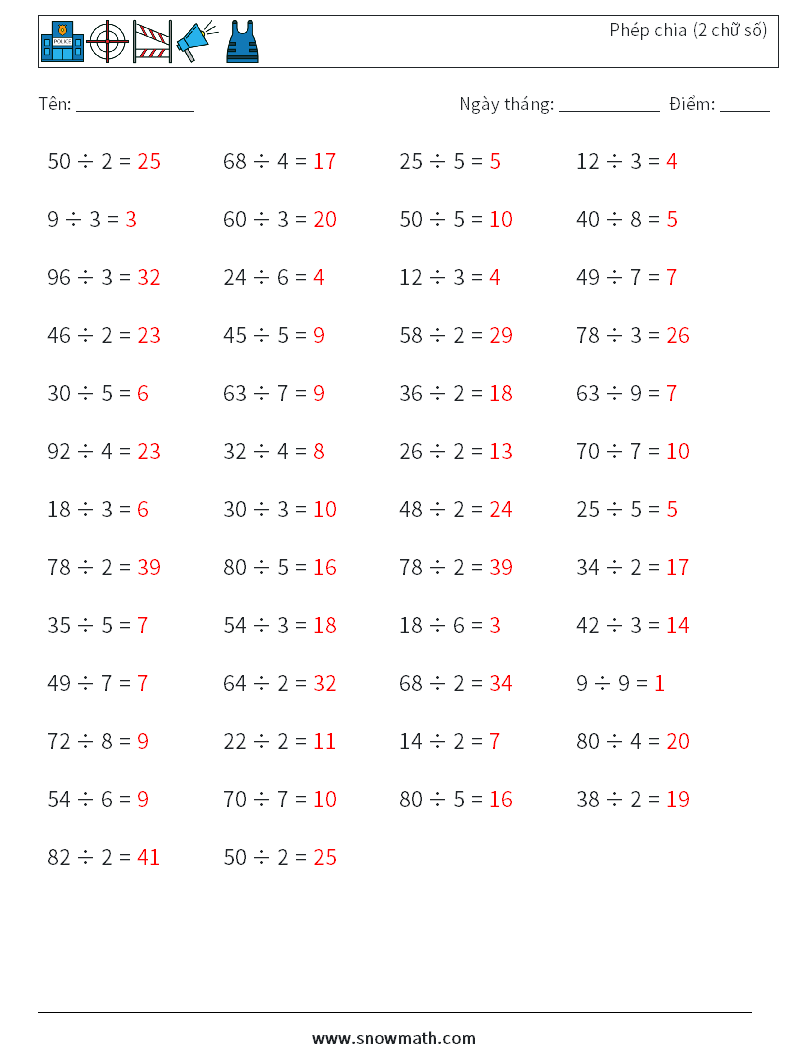 (50) Phép chia (2 chữ số) Bảng tính toán học 3 Câu hỏi, câu trả lời