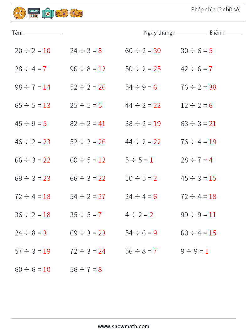 (50) Phép chia (2 chữ số) Bảng tính toán học 4 Câu hỏi, câu trả lời