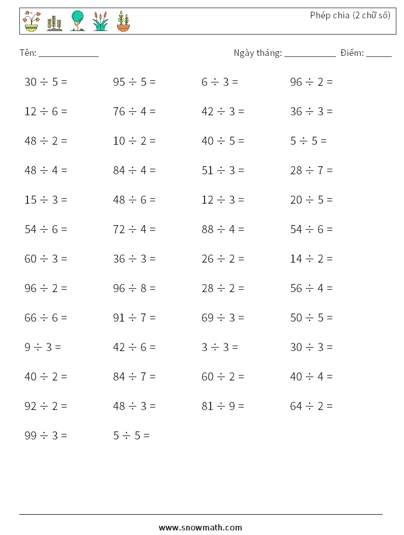 (50) Phép chia (2 chữ số) Bảng tính toán học 5