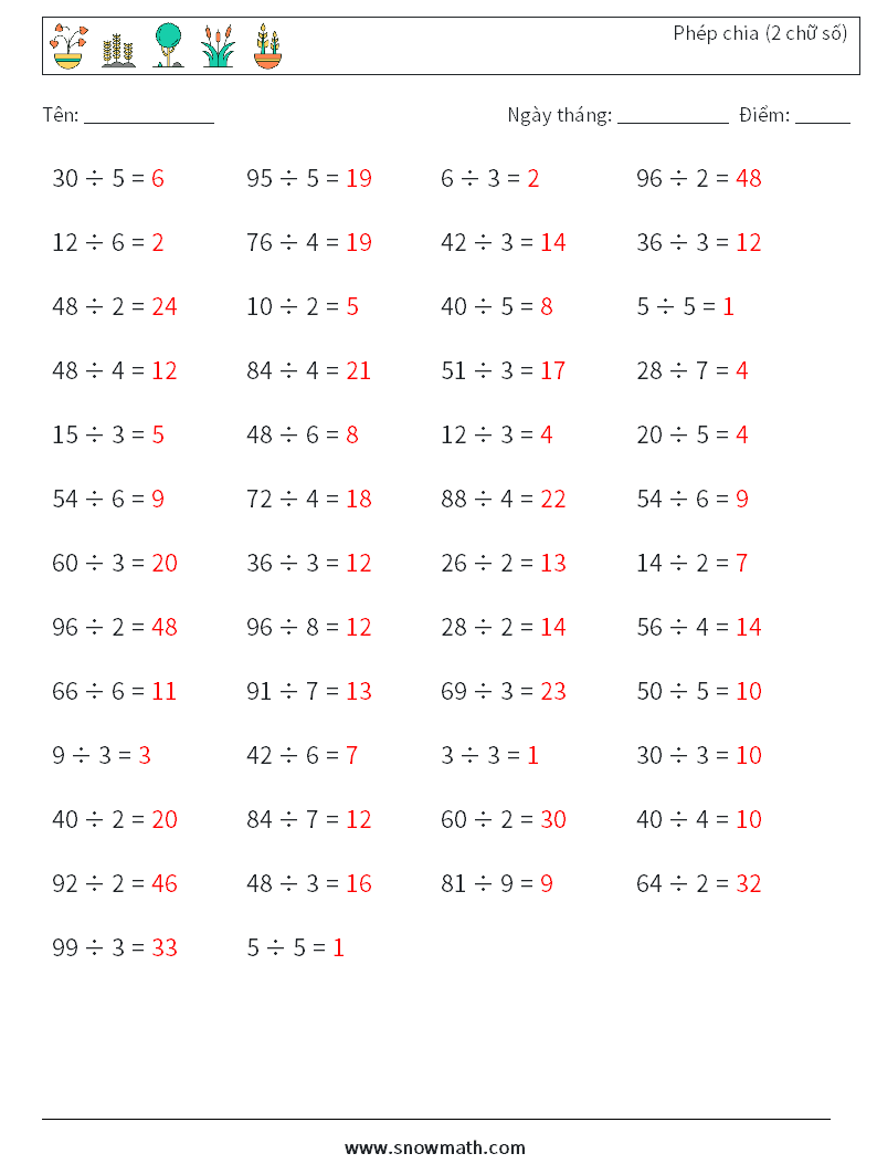 (50) Phép chia (2 chữ số) Bảng tính toán học 5 Câu hỏi, câu trả lời