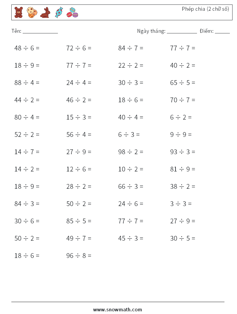(50) Phép chia (2 chữ số) Bảng tính toán học 7