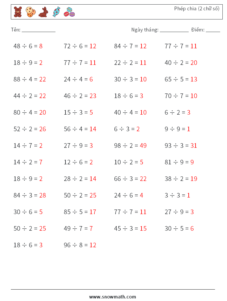 (50) Phép chia (2 chữ số) Bảng tính toán học 7 Câu hỏi, câu trả lời