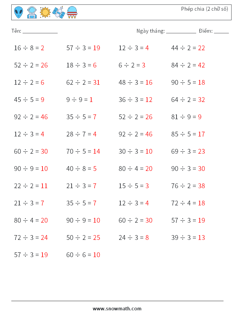 (50) Phép chia (2 chữ số) Bảng tính toán học 8 Câu hỏi, câu trả lời