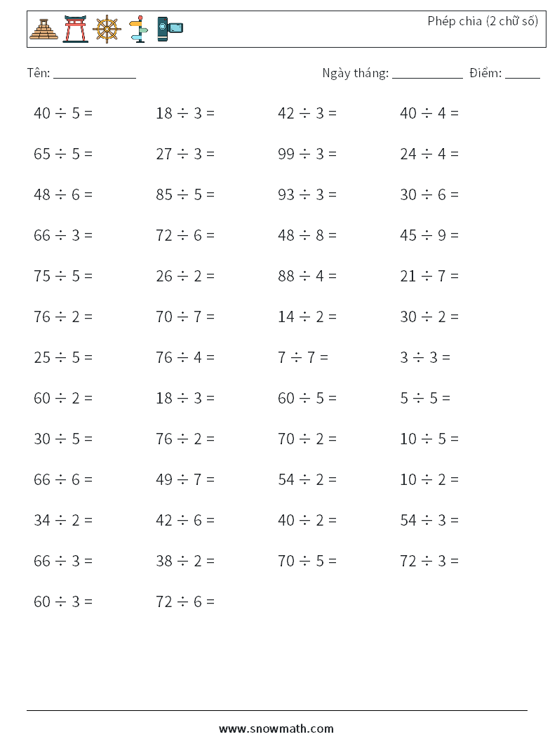 (50) Phép chia (2 chữ số) Bảng tính toán học 9