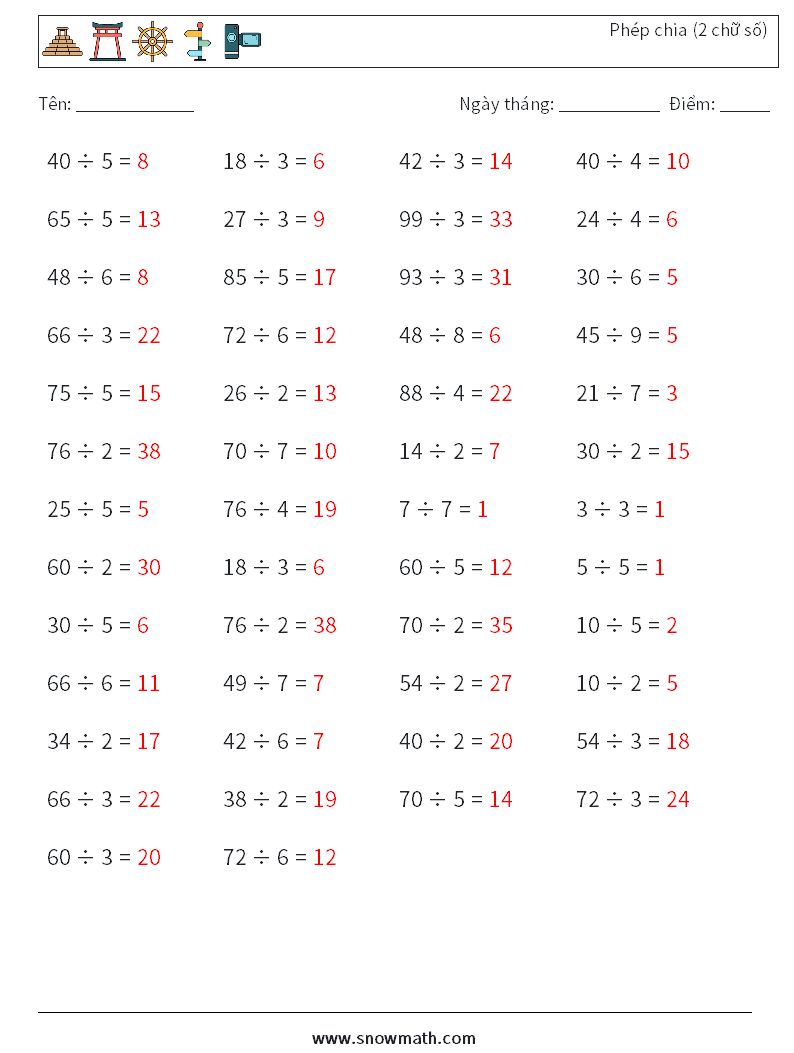 (50) Phép chia (2 chữ số) Bảng tính toán học 9 Câu hỏi, câu trả lời