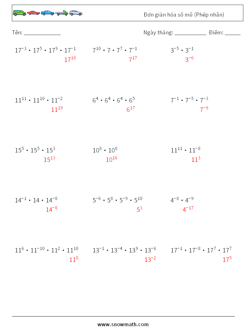 Đơn giản hóa số mũ (Phép nhân) Bảng tính toán học 1 Câu hỏi, câu trả lời