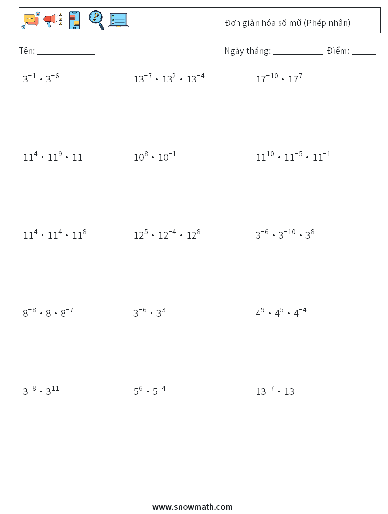 Đơn giản hóa số mũ (Phép nhân) Bảng tính toán học 2