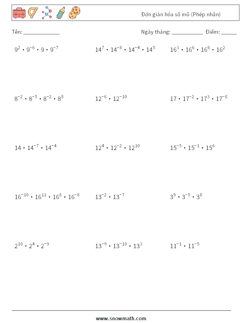 Đơn giản hóa số mũ (Phép nhân) Bảng tính toán học 3