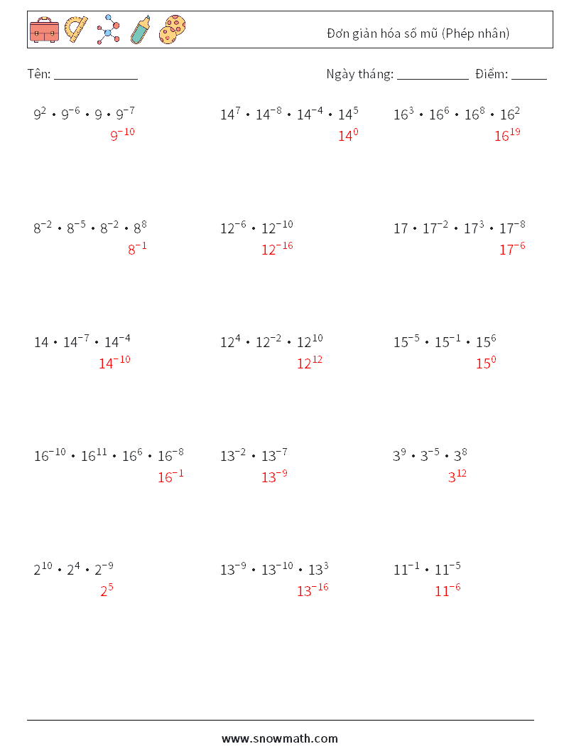 Đơn giản hóa số mũ (Phép nhân) Bảng tính toán học 3 Câu hỏi, câu trả lời