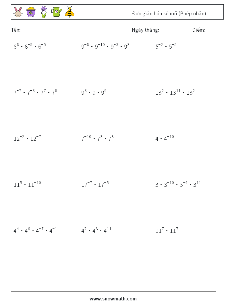 Đơn giản hóa số mũ (Phép nhân) Bảng tính toán học 4