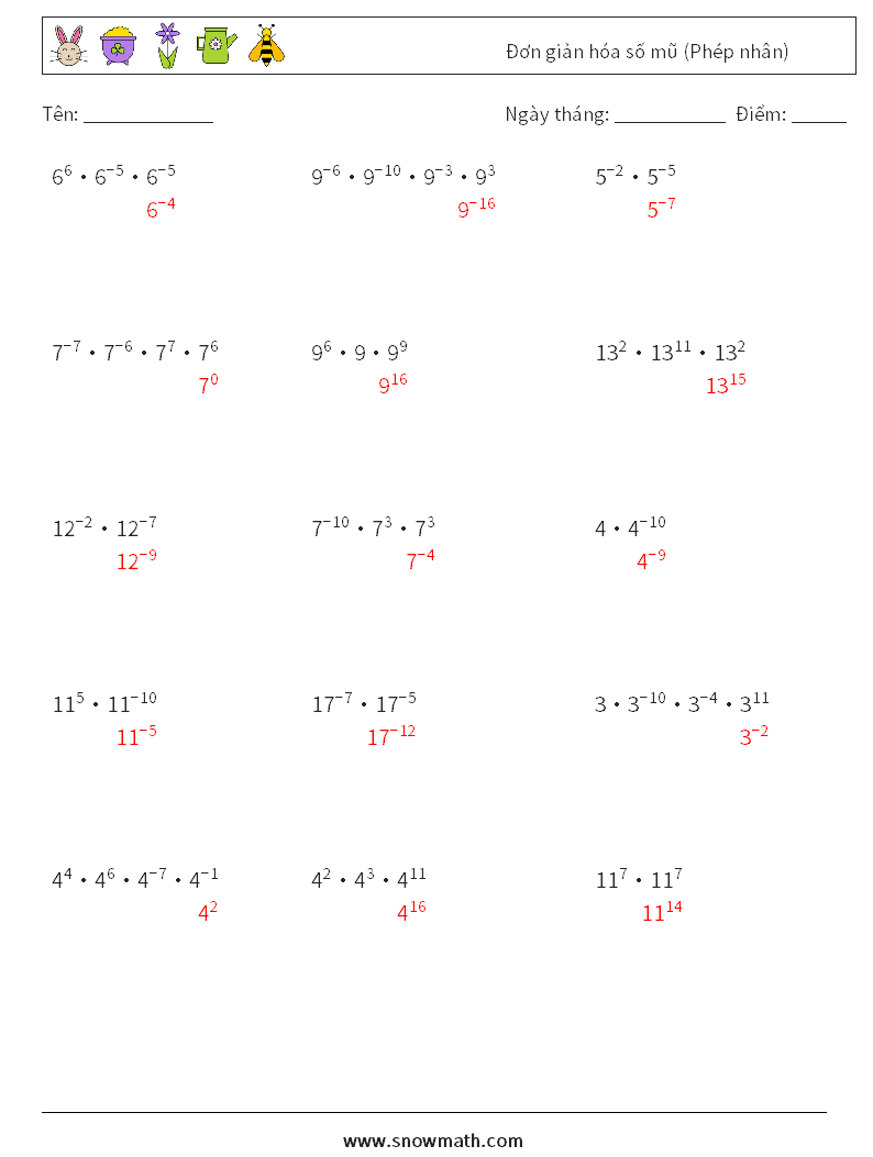 Đơn giản hóa số mũ (Phép nhân) Bảng tính toán học 4 Câu hỏi, câu trả lời