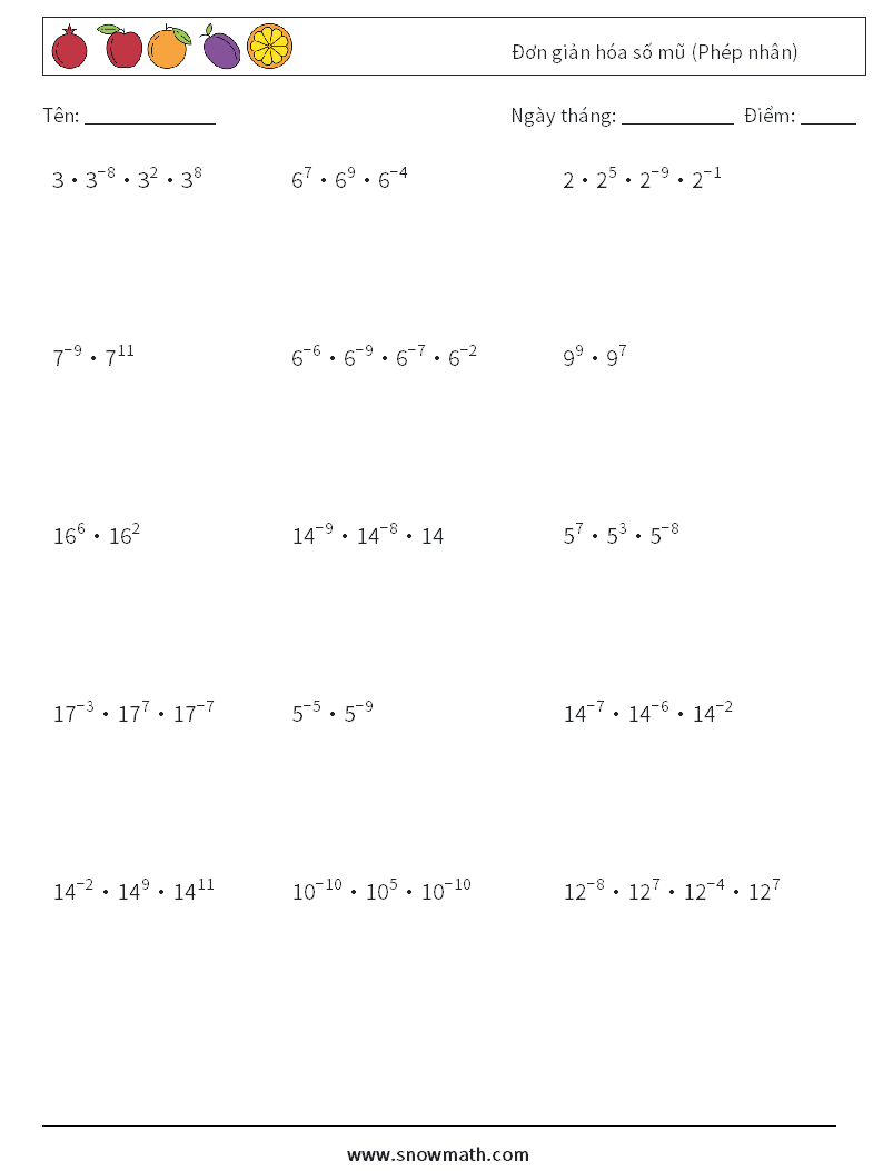 Đơn giản hóa số mũ (Phép nhân) Bảng tính toán học 5