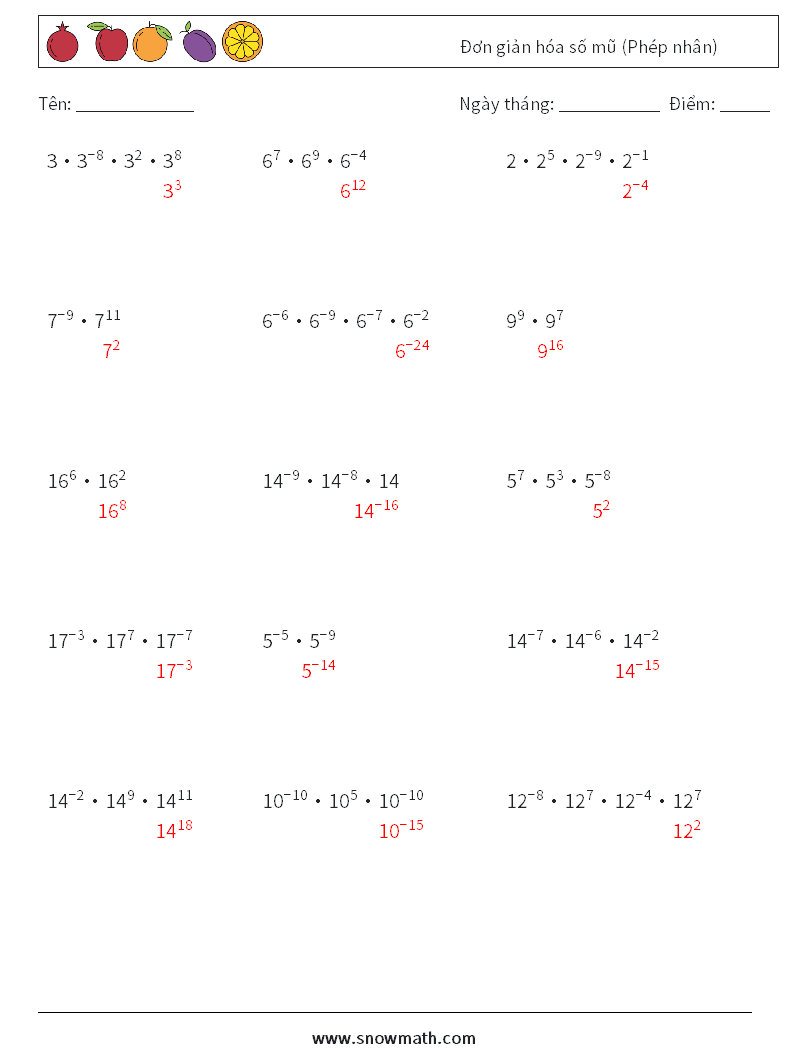 Đơn giản hóa số mũ (Phép nhân) Bảng tính toán học 5 Câu hỏi, câu trả lời