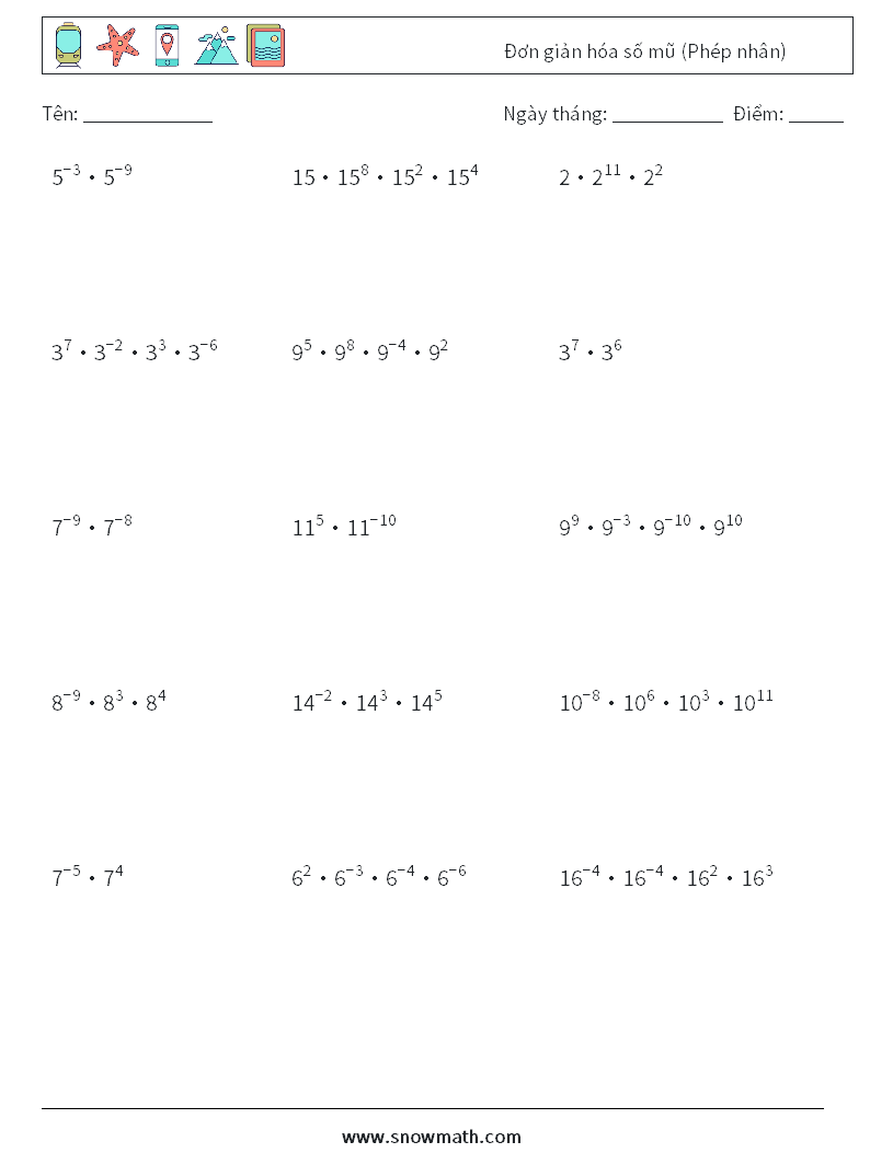 Đơn giản hóa số mũ (Phép nhân) Bảng tính toán học 6