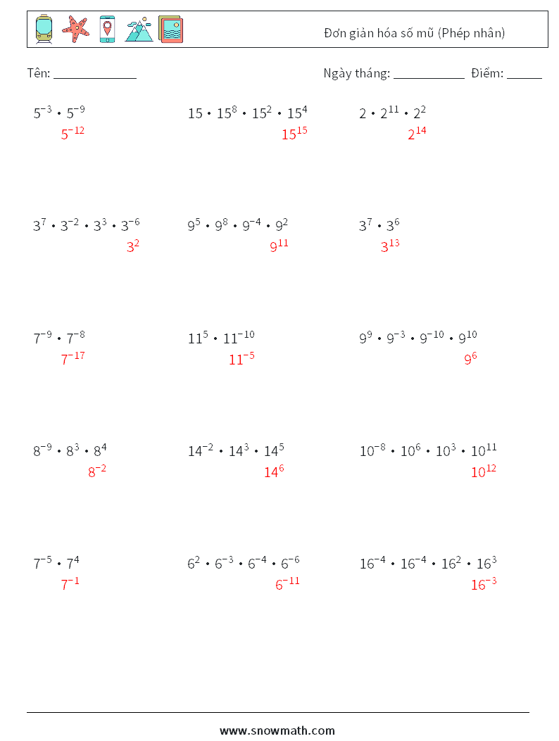 Đơn giản hóa số mũ (Phép nhân) Bảng tính toán học 6 Câu hỏi, câu trả lời