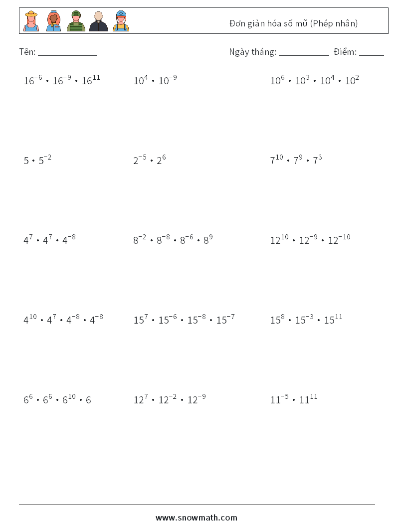 Đơn giản hóa số mũ (Phép nhân) Bảng tính toán học 7