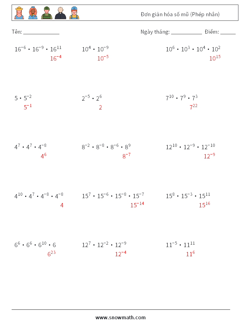 Đơn giản hóa số mũ (Phép nhân) Bảng tính toán học 7 Câu hỏi, câu trả lời