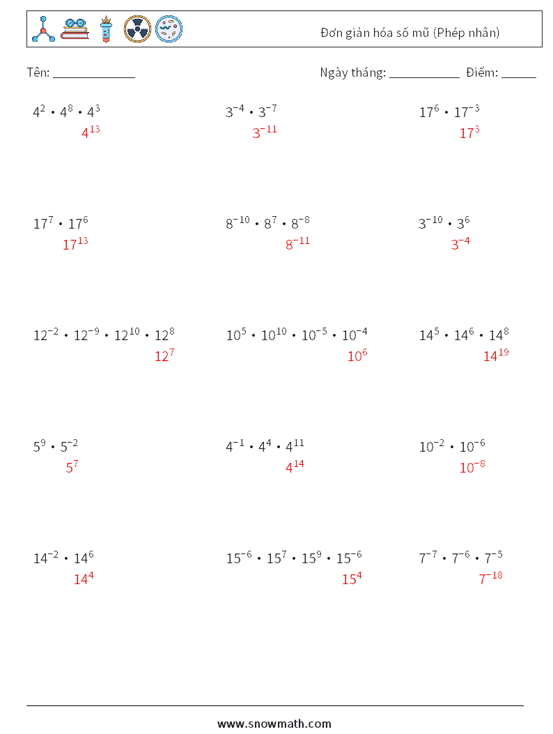 Đơn giản hóa số mũ (Phép nhân) Bảng tính toán học 8 Câu hỏi, câu trả lời