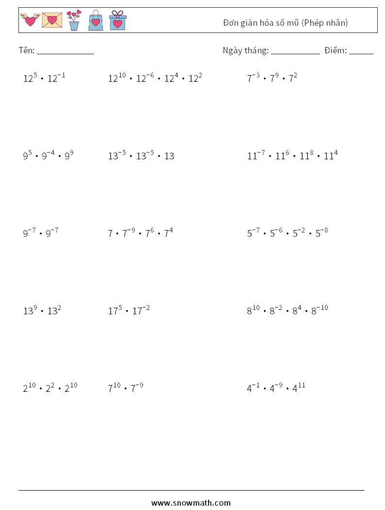 Đơn giản hóa số mũ (Phép nhân) Bảng tính toán học 9