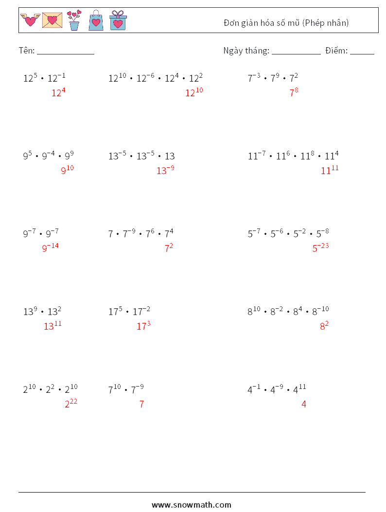 Đơn giản hóa số mũ (Phép nhân) Bảng tính toán học 9 Câu hỏi, câu trả lời