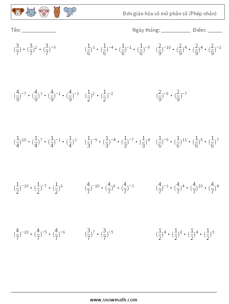Đơn giản hóa số mũ phân số (Phép nhân) Bảng tính toán học 2