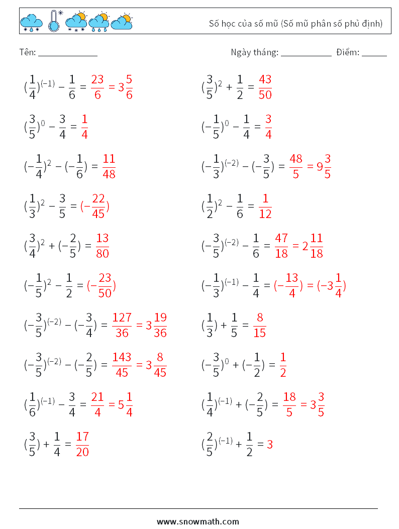  Số học của số mũ (Số mũ phân số phủ định) Bảng tính toán học 1 Câu hỏi, câu trả lời