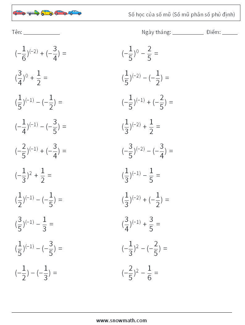 Số học của số mũ (Số mũ phân số phủ định) Bảng tính toán học 5