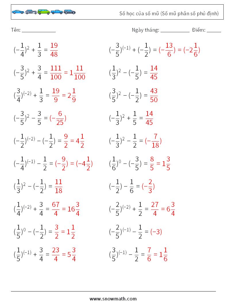  Số học của số mũ (Số mũ phân số phủ định) Bảng tính toán học 6 Câu hỏi, câu trả lời