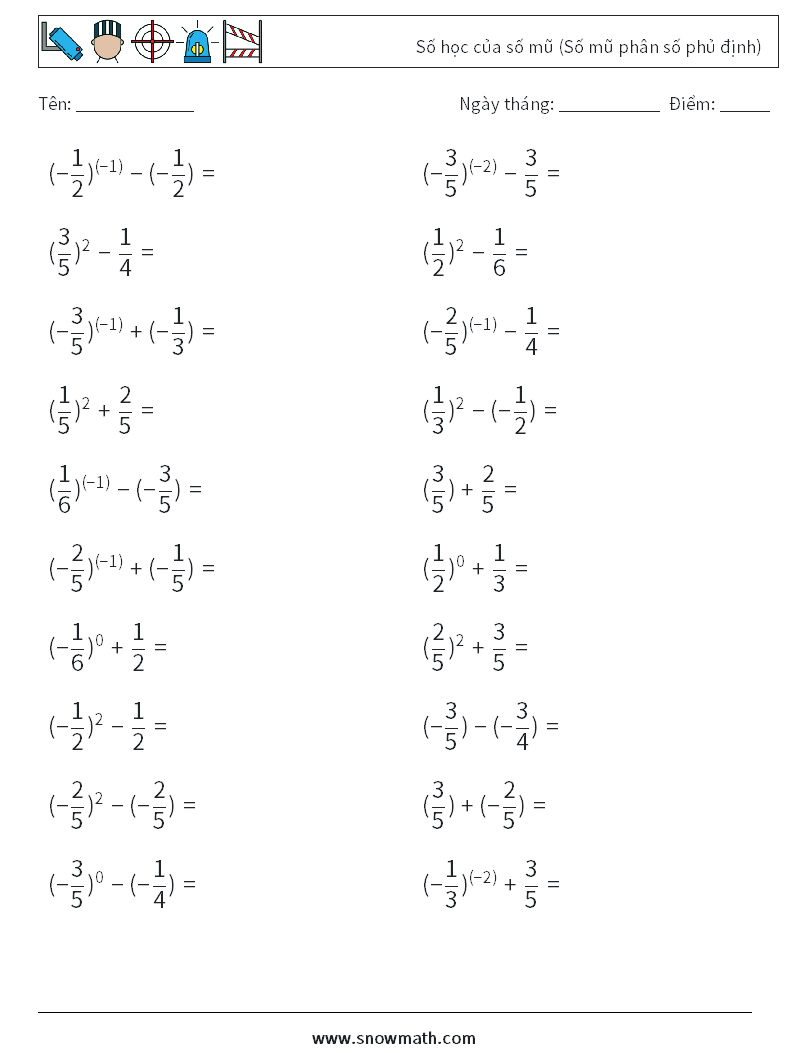  Số học của số mũ (Số mũ phân số phủ định) Bảng tính toán học 7