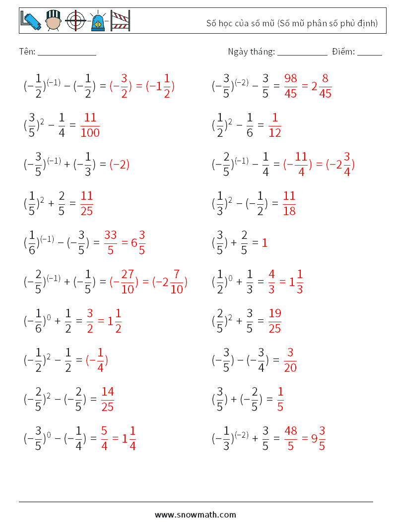  Số học của số mũ (Số mũ phân số phủ định) Bảng tính toán học 7 Câu hỏi, câu trả lời