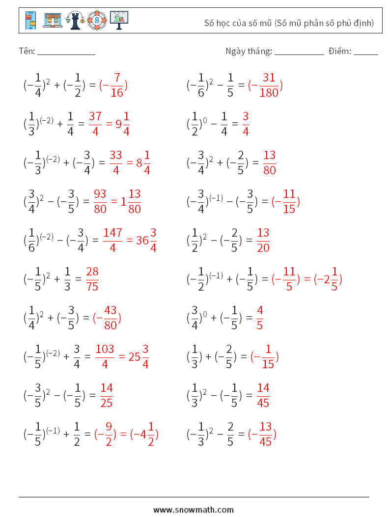  Số học của số mũ (Số mũ phân số phủ định) Bảng tính toán học 8 Câu hỏi, câu trả lời