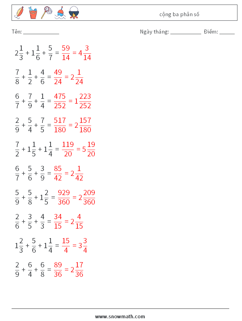 (10) cộng ba phân số Bảng tính toán học 13 Câu hỏi, câu trả lời
