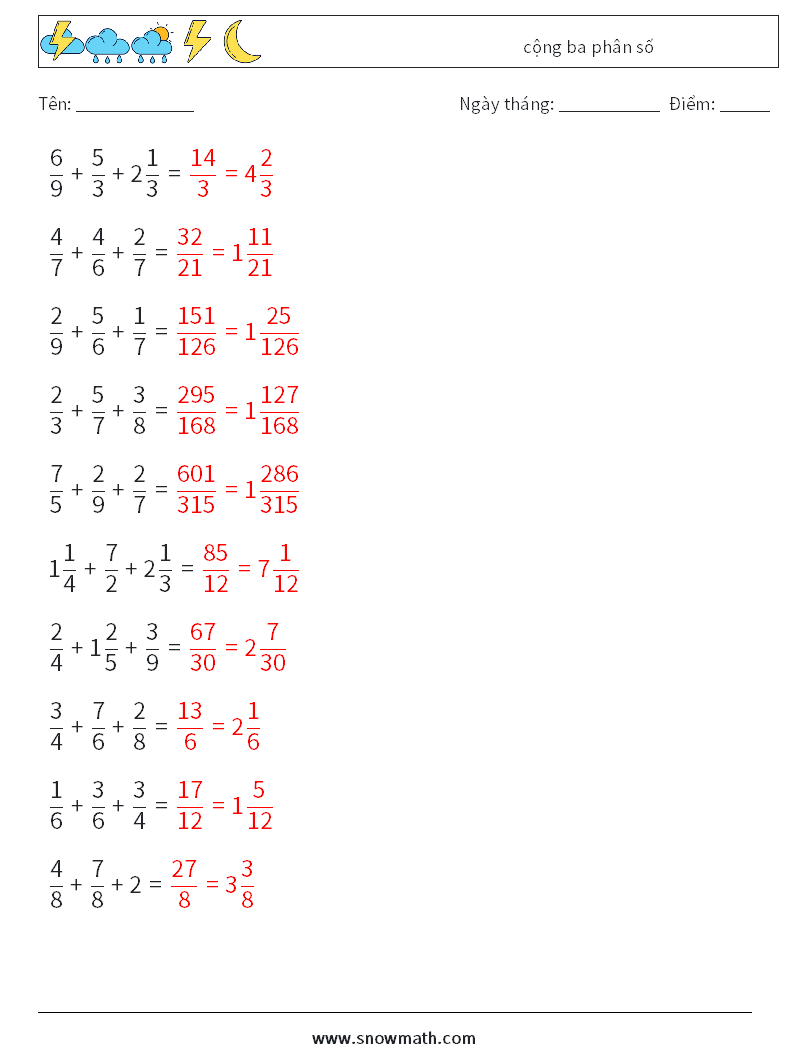 (10) cộng ba phân số Bảng tính toán học 14 Câu hỏi, câu trả lời