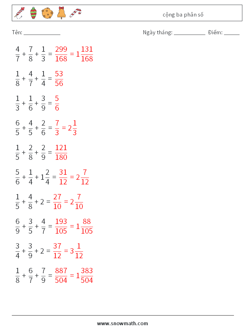 (10) cộng ba phân số Bảng tính toán học 18 Câu hỏi, câu trả lời